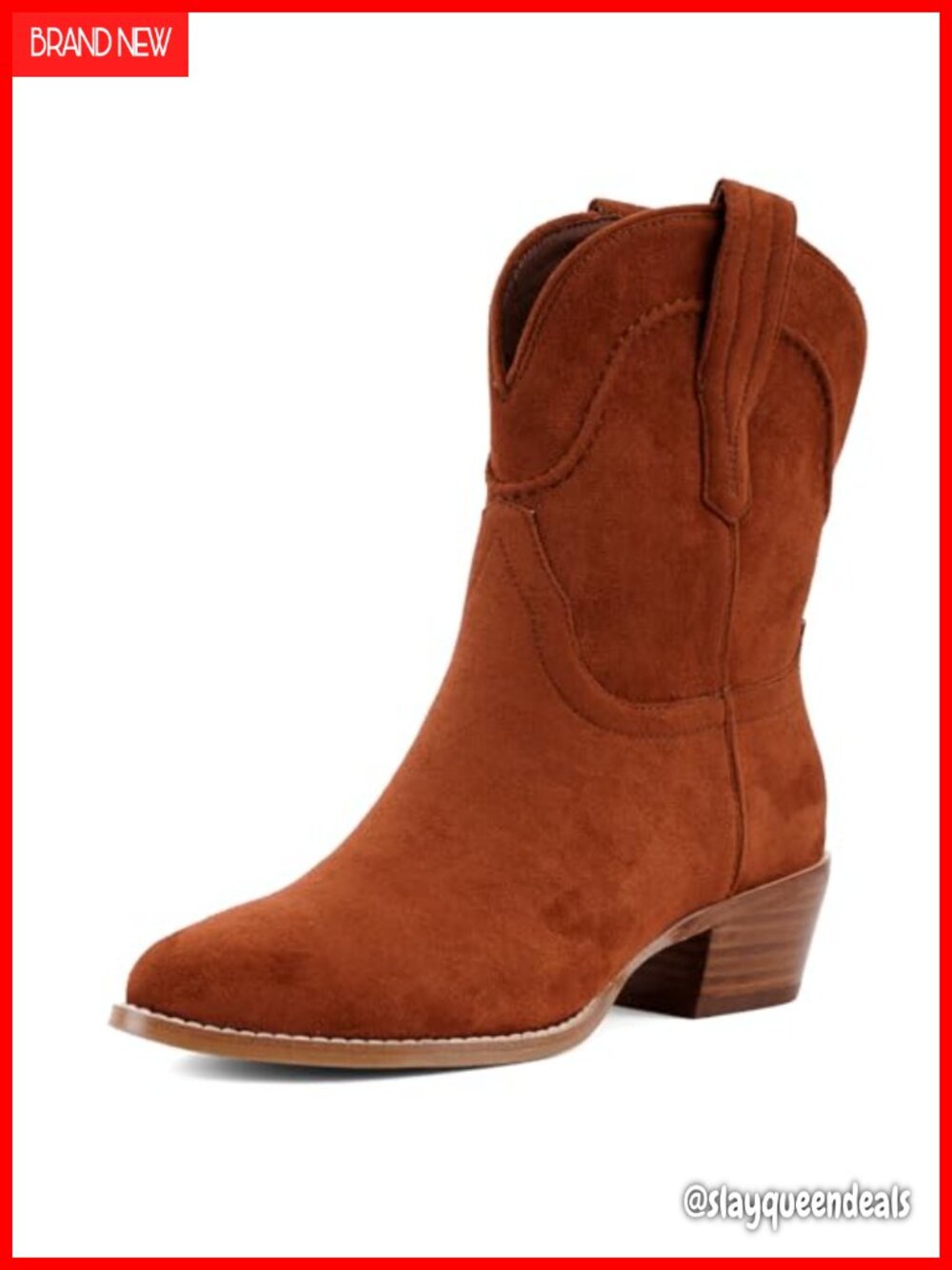 Faux Suede Cowboy Ankle Boots Pointed Toe Chunky Heel Pull-On